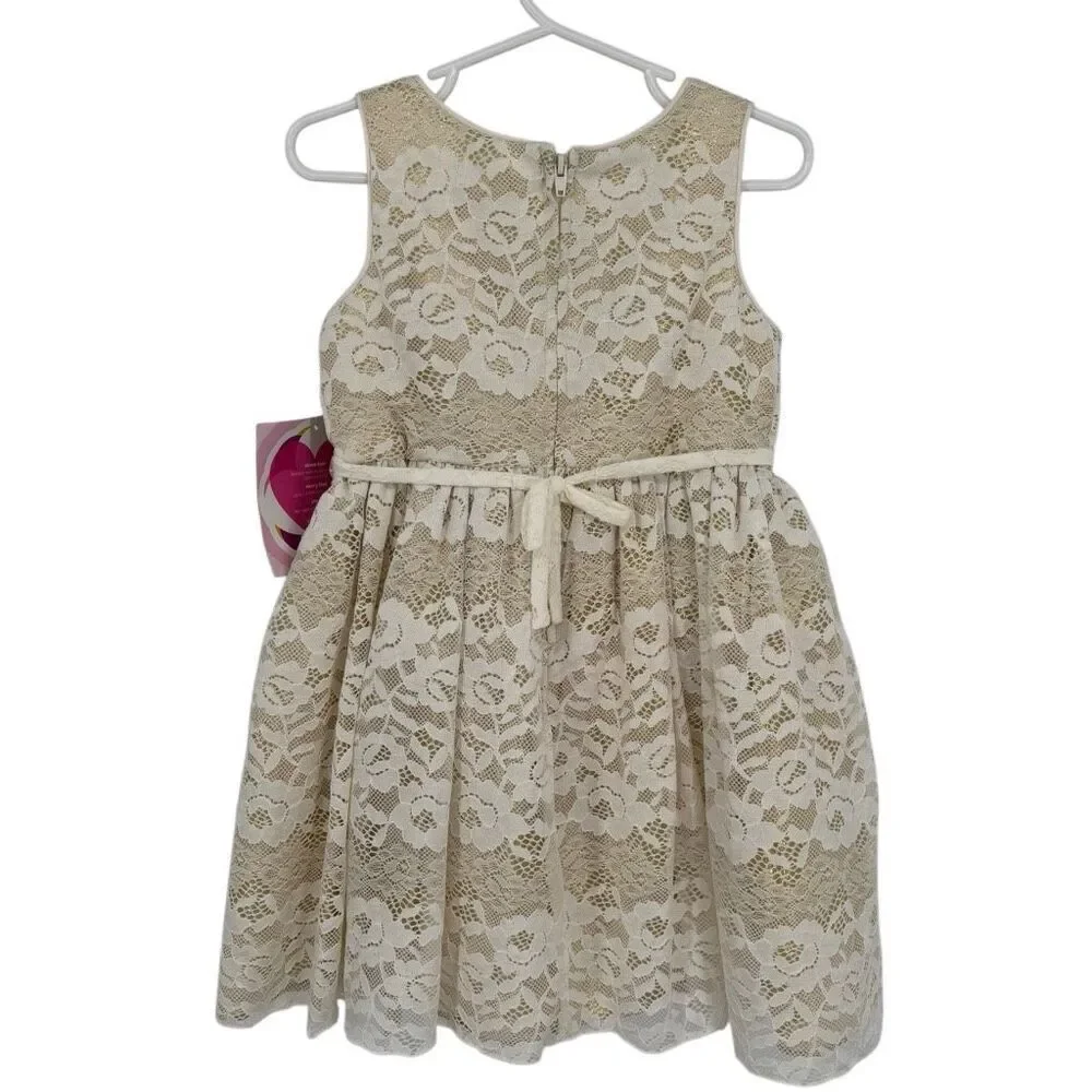 Youngland Girls Lace Dress with‎ Sparkle Waistband Cream/Gold Girls Size 4T NWT
